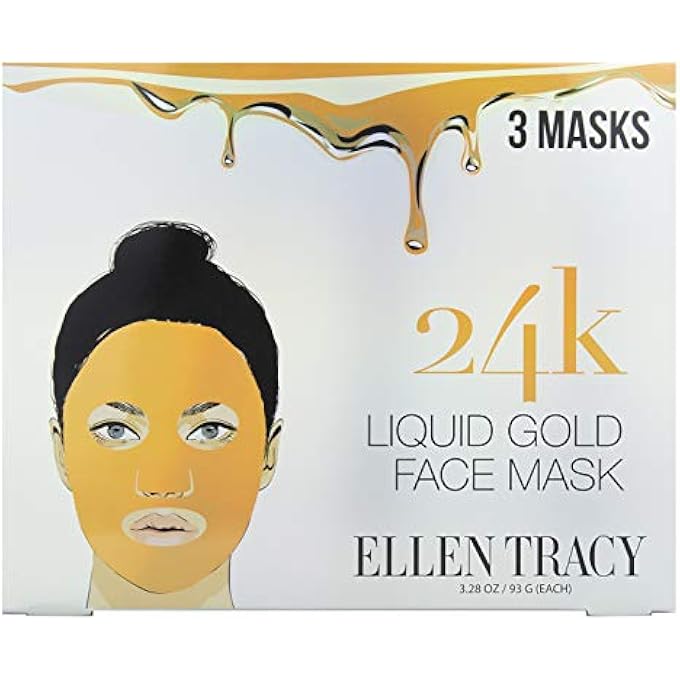 ELLEN TRACY 24K LIQUID GOLD FACE MASK FOR BEAUTIFUL GLOWING SKIN - ANTI AGING FACIAL BRIGHTENING, MOISTURIZING, FIRMING MASK TREATMENT, REDUCES LINES, WRINKLES AND ACNE - PACK OF 3 MASKS - Image 1